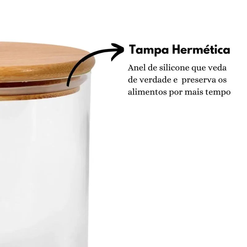 Kit 6 Pote Hermético de Vidro com Tampa de Bambu para Temperos