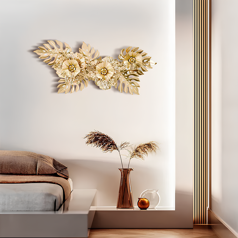 Decoração de Parede Floral em Metal Dourado e Preto