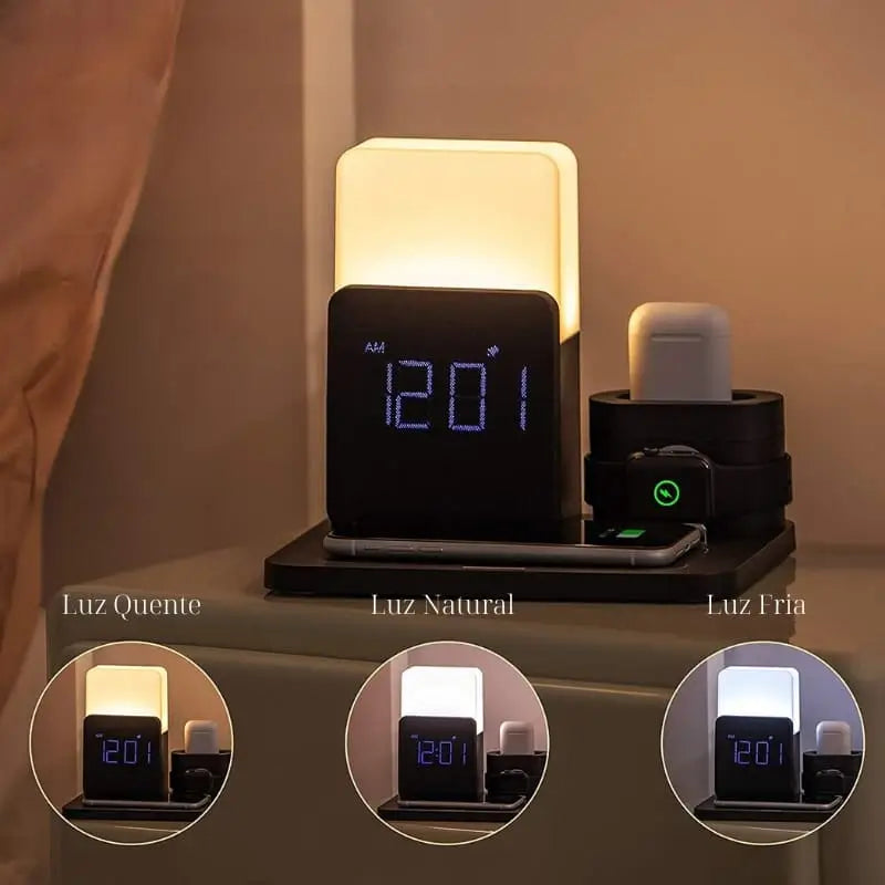 Carregador sem Fio Multifuncional com Luminária e Relógio