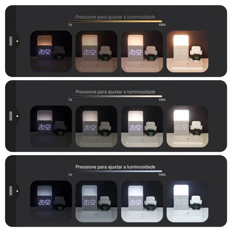 Carregador sem Fio Multifuncional com Luminária e Relógio