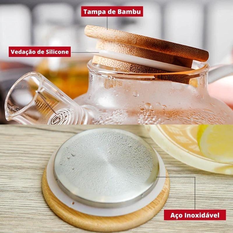 Chaleira de Vidro Borossilicato com Tampa de Bambu e Vedação de Silicone