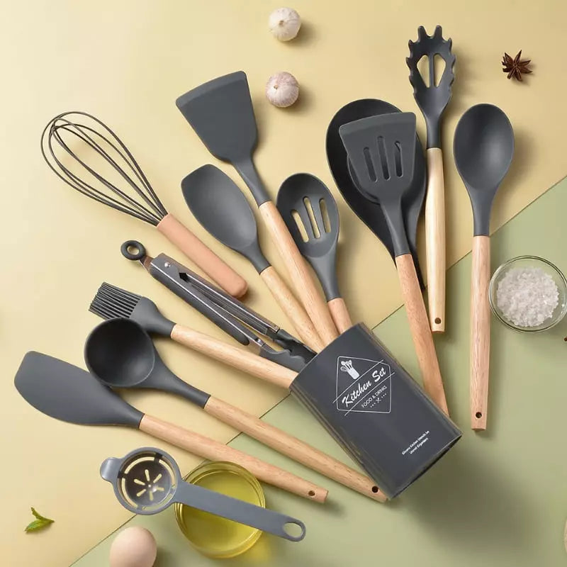 Kit Utensílios de Cozinha 14 Peças em Silicone com Organizador