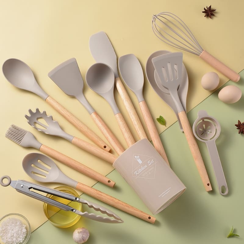 Kit Utensílios de Cozinha 14 Peças em Silicone com Organizador