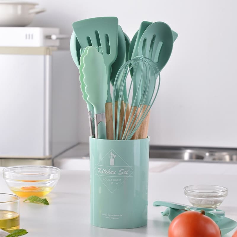 Kit Utensílios de Cozinha 14 Peças em Silicone com Organizador