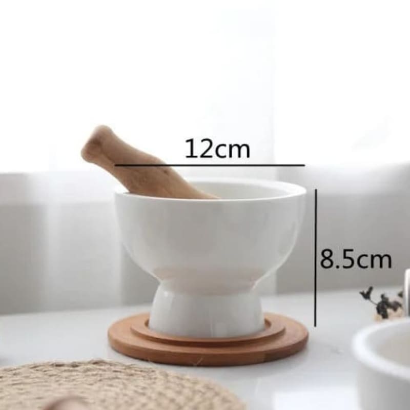 Pilão Cerâmico com Base de Madeira para Temperos
