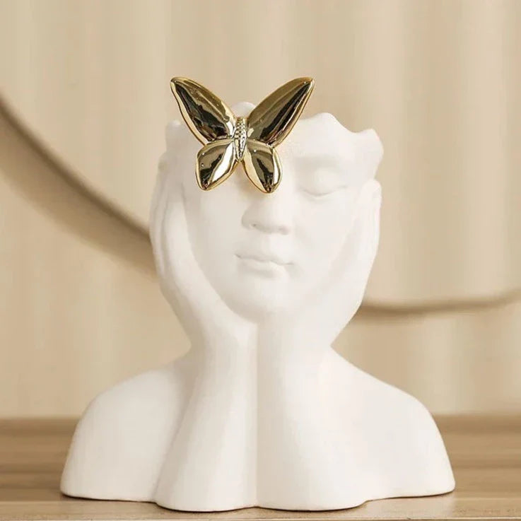 Vaso Decorativo Busto Modernista com Borboleta Metálica