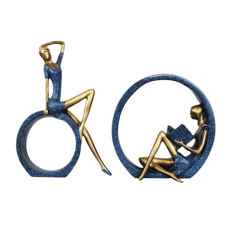 Conjunto de Esculturas Femininas em Resina Dourado e Azul