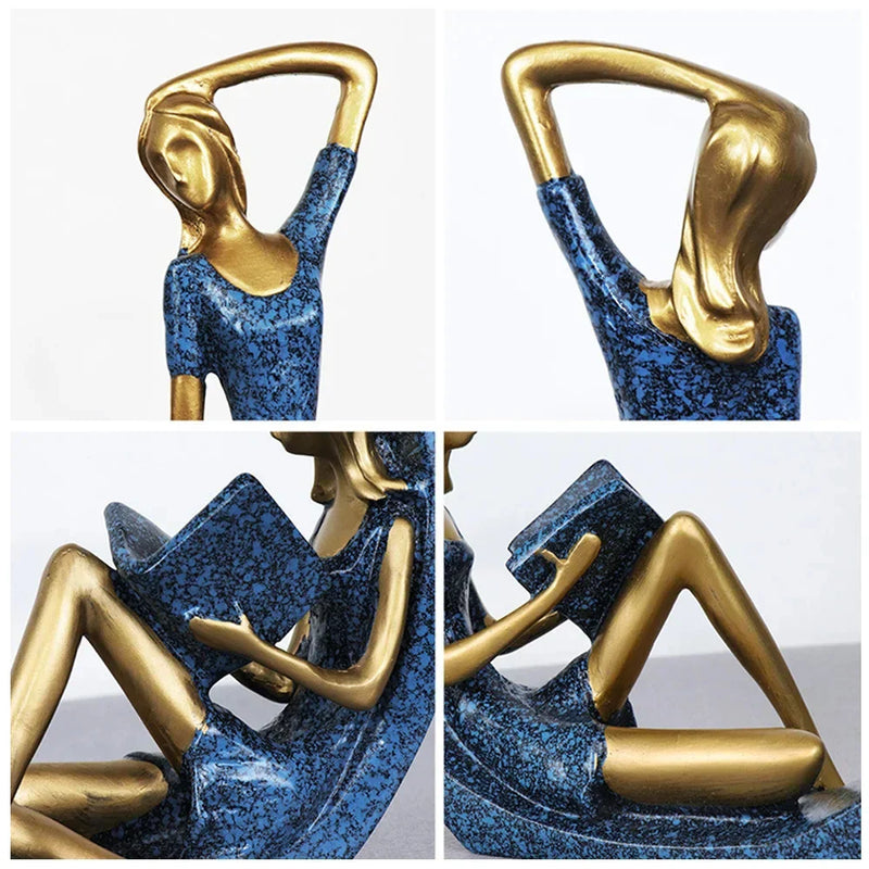 Conjunto de Esculturas Femininas em Resina Dourado e Azul