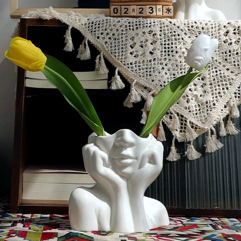 Vaso Decorativo Busto Feminino Face em Resina Branca