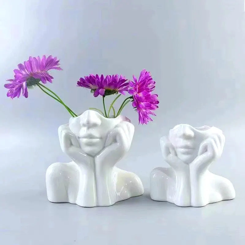 Vaso Decorativo Busto Feminino Face em Resina Branca