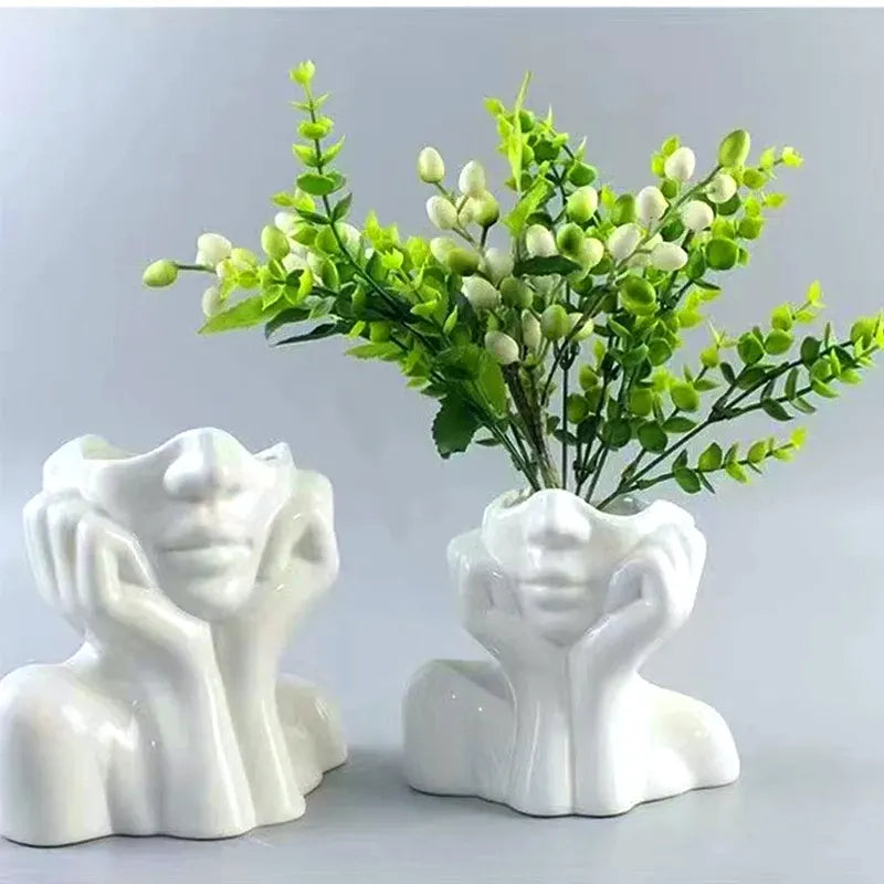 Vaso Decorativo Busto Feminino Face em Resina Branca