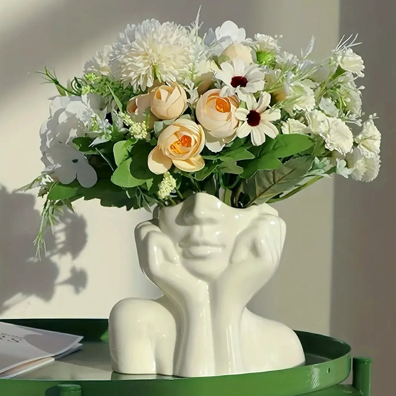 Vaso Decorativo Busto Feminino Face em Resina Branca