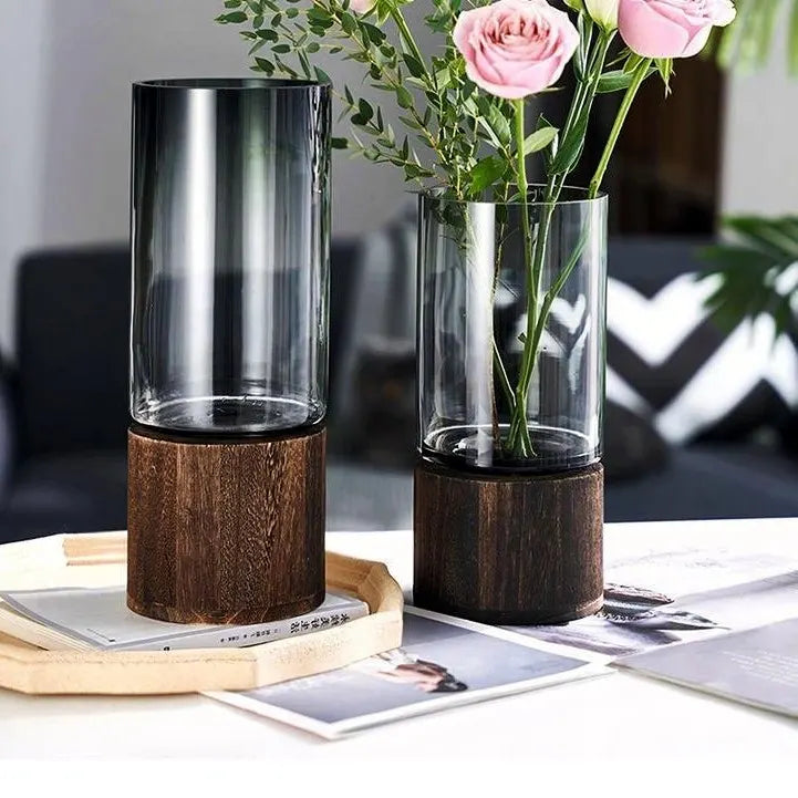 Vaso Decorativo Moderno de Vidro com Base de Madeira
