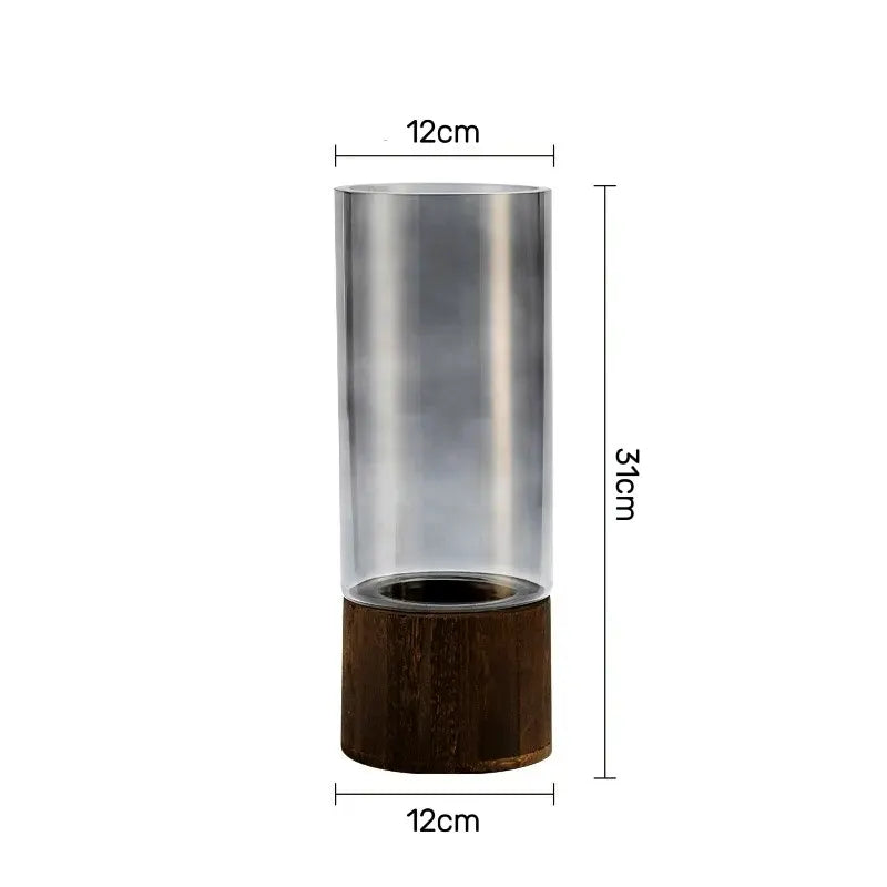 Vaso Decorativo Moderno de Vidro com Base de Madeira
