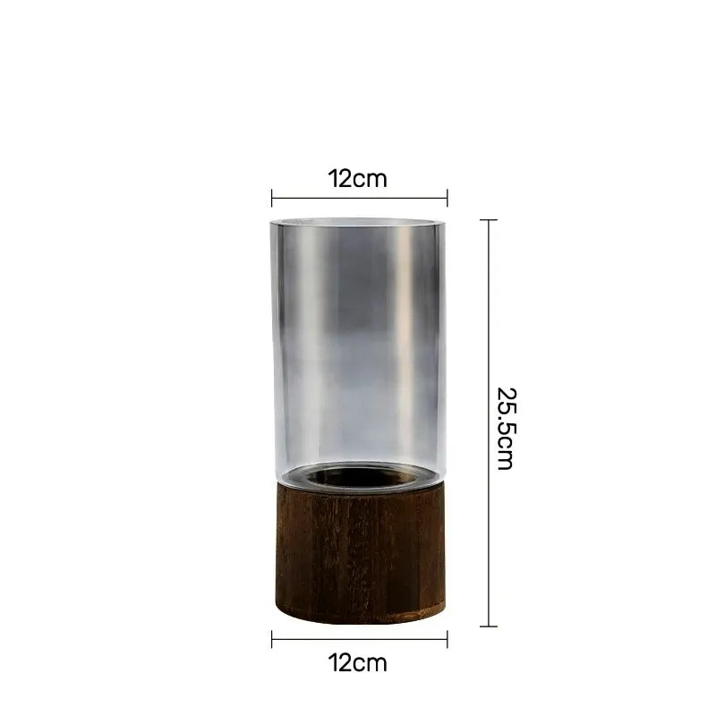 Vaso Decorativo Moderno de Vidro com Base de Madeira