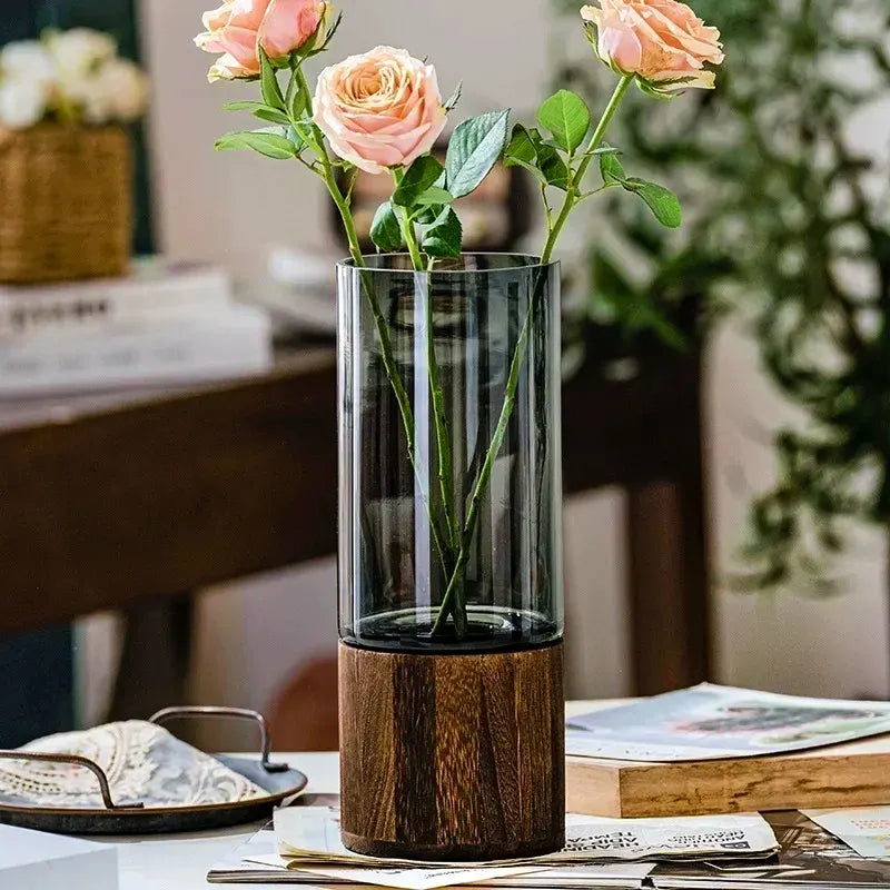 Vaso Decorativo Moderno de Vidro com Base de Madeira