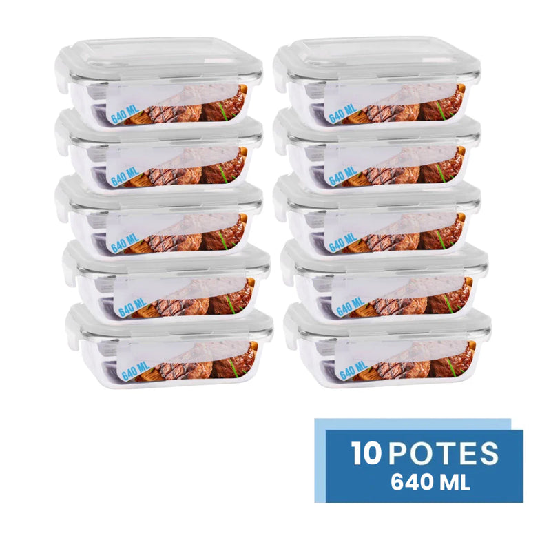 Conjunto 10 Potes 640ml Vidro Hermético 4 Travas