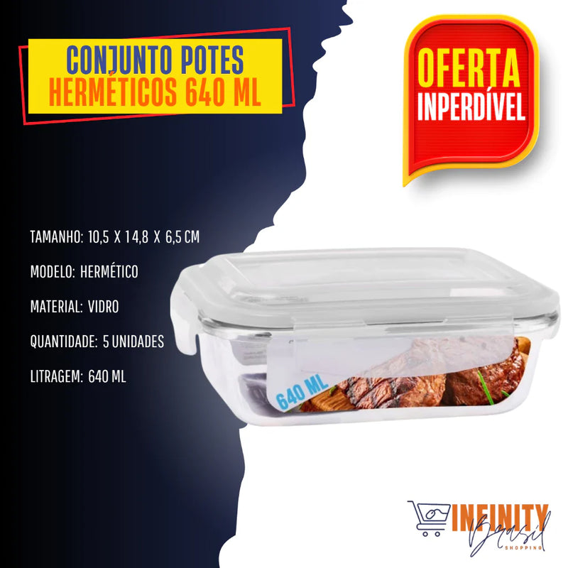 Conjunto 10 Potes 640ml Vidro Hermético 4 Travas