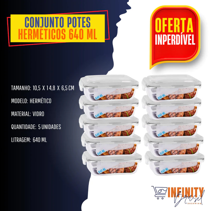 Conjunto 10 Potes 640ml Vidro Hermético 4 Travas