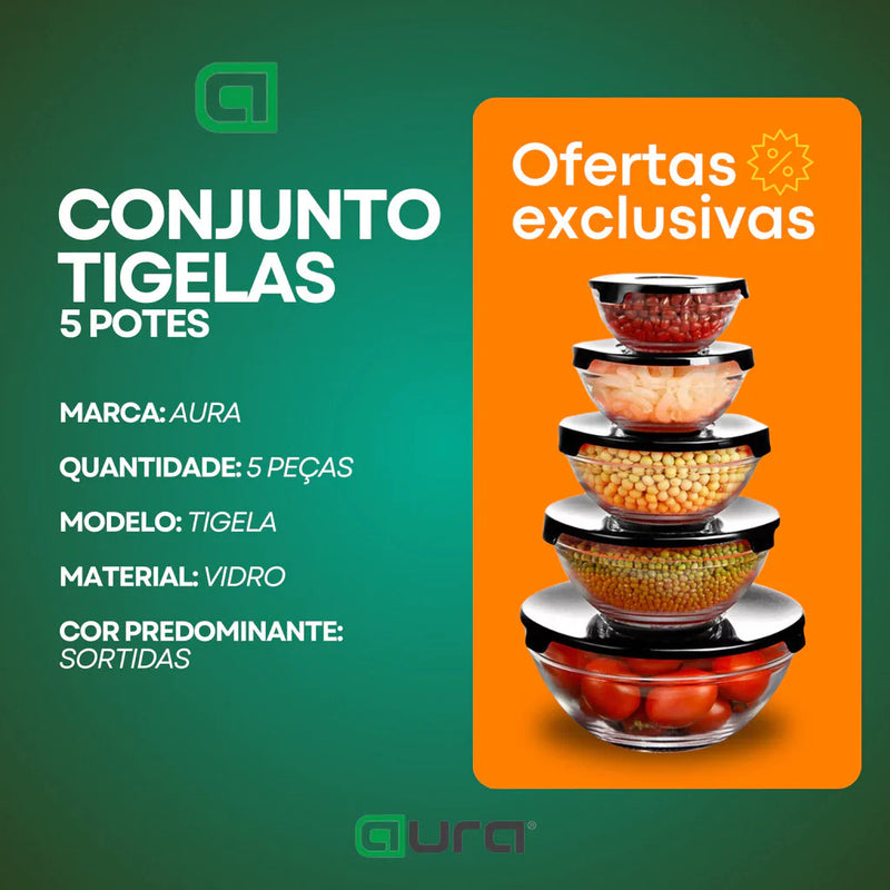 Kit conjunto de potes 5 peças vidro resistente