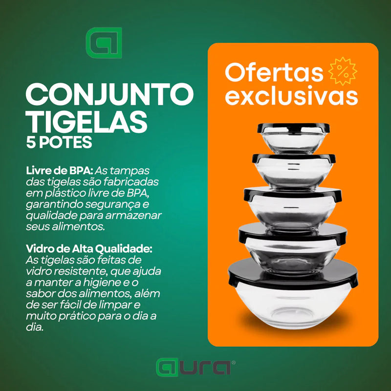 Kit conjunto de potes 5 peças vidro resistente