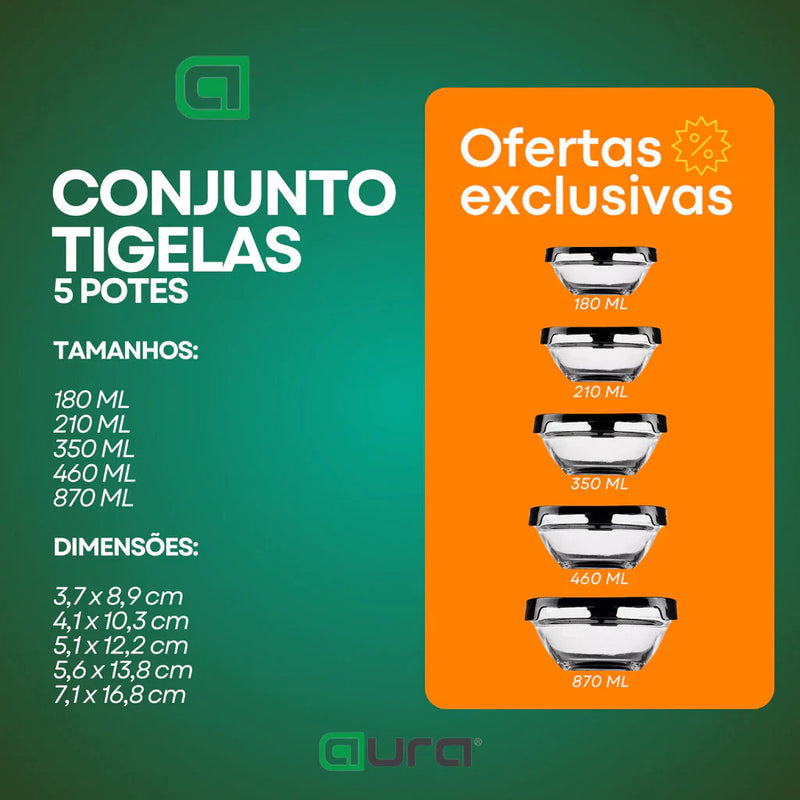 Kit conjunto de potes 5 peças vidro resistente